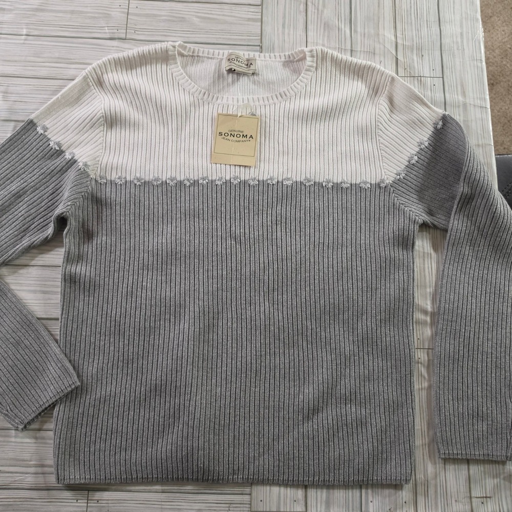 Sonoma Jean Company Mens XL Ribbed Cotton Sweater Colorblock Grey White NWT